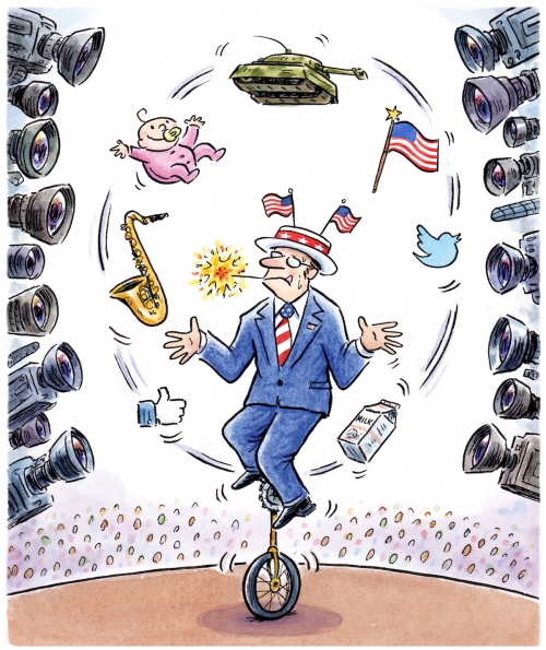 cartoon of politician juggling on a unicycle in front of an audience and cameras